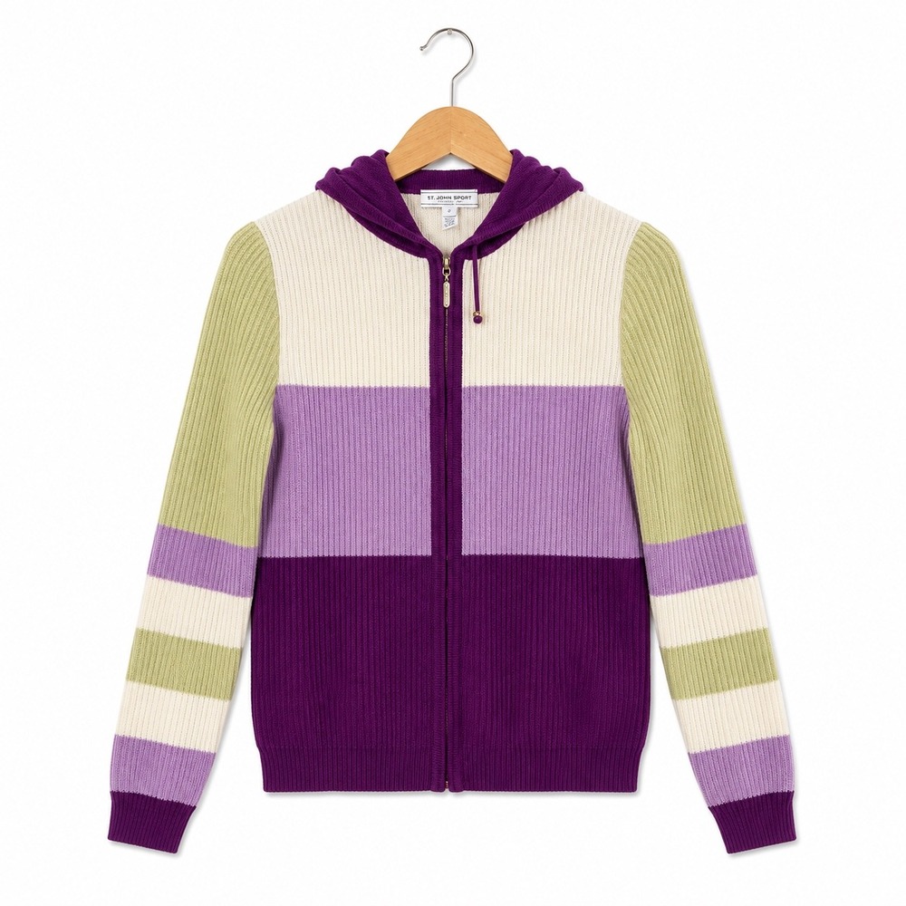 St John Sport Marie Gray Colorblock Wool Blend Zip Up Hoodie Sweater Size SP Vtg